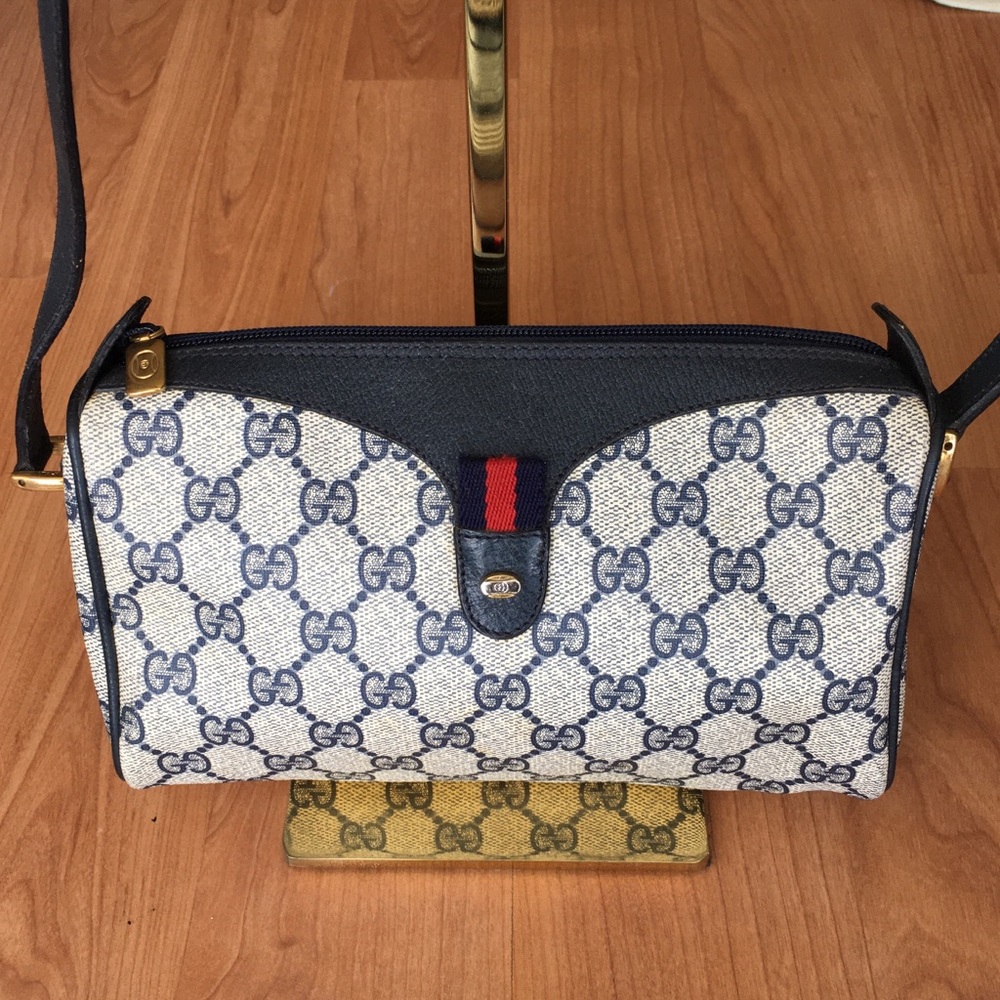 Gucci Blue and Ivory GG Canvas Crossbody Bag with Navy Trim
